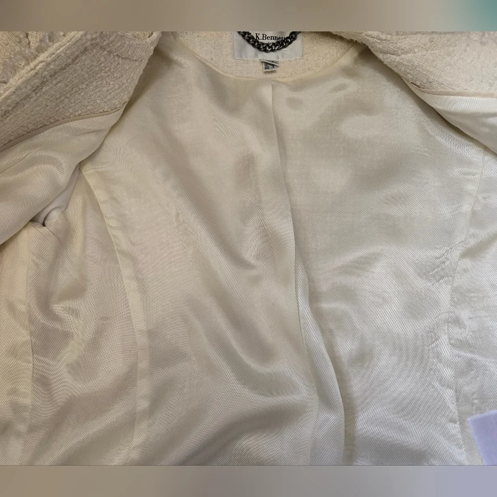 L.K BENNETT LONDON Cream Cottton Tweed Cropped Open Front Jacket With Fringe. 8 - Picture 9 of 16